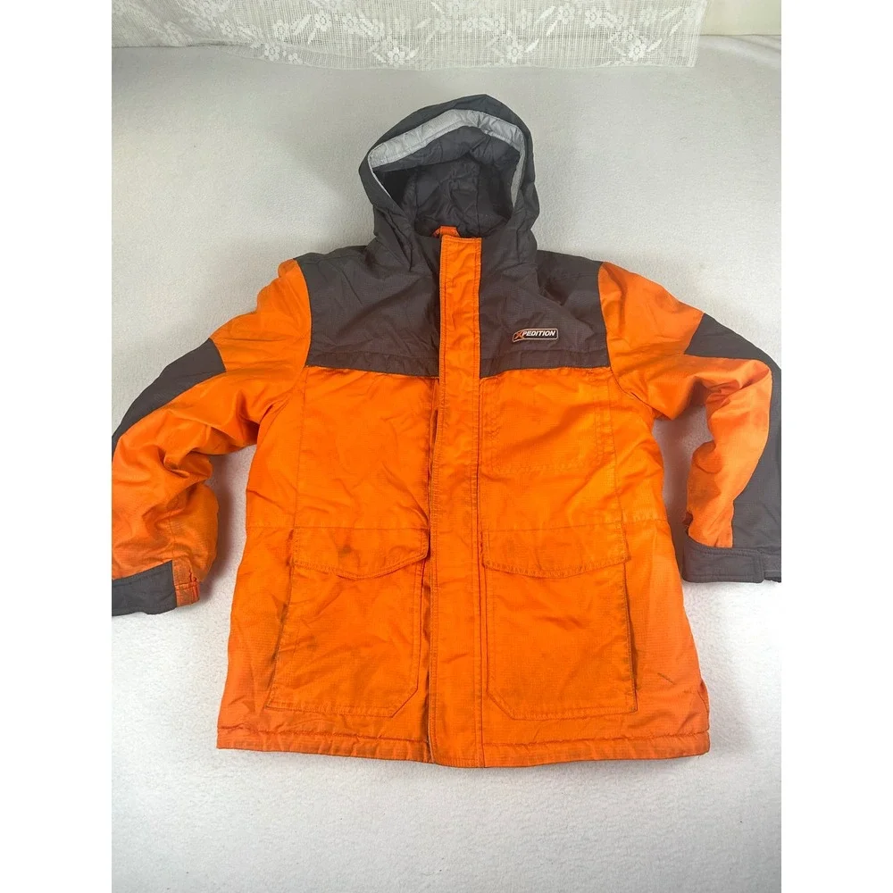 Mountain Xpedition Winter Jacket Kids L 10/12 Orange Gray Parka Hooded Snow Coat